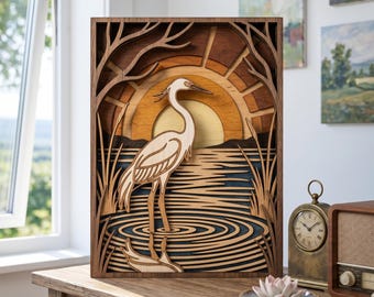 NB160 Heron Lake Sunset Layered SVG | 10 Layered Laser Cut File | Bird Landscape Multilayer CNC Wood Design | Digital Download