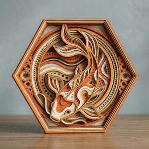Può includere: Un'opera d'arte in legno a strati con un design di pesce koi. Il pesce è raffigurato in tonalità arancioni, bianche e marroni, all'interno di una cornice esagonale. L'opera d'arte ha un effetto tridimensionale, con dettagli intricati e una finitura in legno naturale.