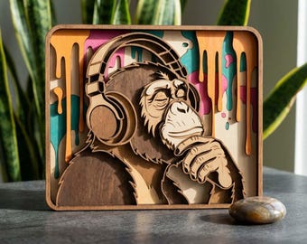 NB32 Cool Monkey Headphones, DJ Animal Laser Cut File, Layered Wood Design  (digital download)