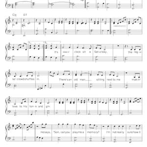 May include: Musical score for "Piano Man" by Billy Joel. The sheet music features black notes and lyrics on a white background. The title and composer's name are displayed at the top of the page, with tempo markings.