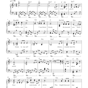 May include: Sheet music for "What a Wonderful World" by Louis Armstrong, arranged by Ian. The music is written in black ink on a white background, with musical notes and lyrics. The title is at the top.