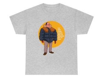 May include: A grey t-shirt with a cartoon illustration of a man wearing a puffy winter jacket. The text "The jerk store called, they're running out of you!" is printed in a circle around the man.