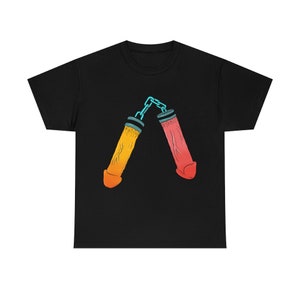 May include: A black t-shirt with a graphic of two colorful nunchucks.