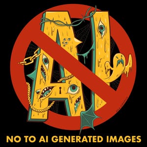 May include: A red circle with a diagonal line through it, symbolizing a prohibition sign. The letters AI are stylized in a dripping, yellow, and green color scheme, with eyes and other grotesque features. The text "NO TO AI GENERATED IMAGES" is below the circle.