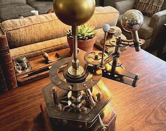 Functional Orrery Solar System Model | Steampunk Brass Planetary Sculpture, Rosewood Base