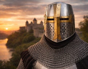 Stalen ridderhelm met maliënkolder, replica Templar Crusader-pantser