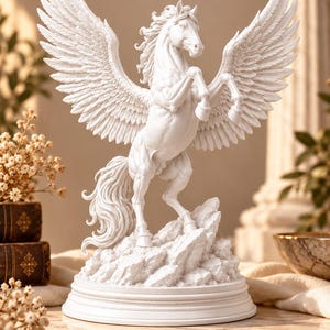 Puede incluir: Una escultura blanca de un caballo alado encabritado sobre sus patas traseras. El caballo presenta plumas detalladas en sus grandes alas, una crin y cola fluidas, y está posicionado sobre una base rocosa texturizada en un pedestal circular.