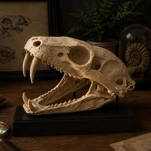 May include: A cream-coloured snake skull replica featuring an open jaw with prominent, elongated fangs and visible teeth. The skull is mounted on a simple black rectangular base, showcasing detailed bone texture and anatomical structure throughout.