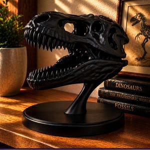 May include: A black dinosaur skull replica with sharp teeth, mounted on a black stand. The skull is detailed and realistic, with visible bone structure. The base is round. The text "Premium STL File" is displayed at the bottom.