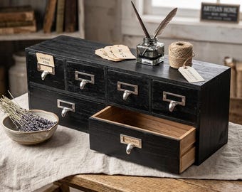 Black Wooden Desk Organizer, Rustic Apothecary Storage Cabinet, Vintage Office Decor