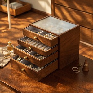 4 Drawer Walnut Jewelry Box, Frosted Glass Top Organizer, Brass Knobs
