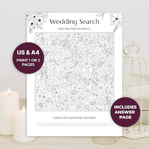 May include: A black and white printable wedding search activity sheet featuring floral borders, the text Wedding Search, Can you find 20 rings?, and Check off each ring you spot. The page includes a grid of various wedding-themed line art icons.