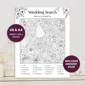 Op de afbeelding: Een zwart-wit printbaar trouw-zoekspelblad met een centraal raster vol trouw-gerelateerde illustraties zoals een jurk, ringen en taart, met een checklist onderaan en de tekst Wedding Search FIND ALL THE OBJECTS!