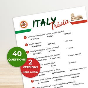 Peut inclure: Une feuille de jeu-questionnaire sur l'Italie avec le titre ITALY TRIVIA, une icône de pizza et une illustration du Colisée. La page contient des questions à choix multiples numérotées de 11 à 17, avec deux cercles indiquant 40 QUESTIONS et 2 VERSIONS HARD & EASY.