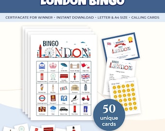 London Bingo Printable Game | 50 Unique Cards, Landmarks Activity (Digital Download)