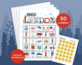 Jeu imprimable de bingo-test à Londres | 50 cartes uniques, activité sur les monuments (téléchargement numérique)