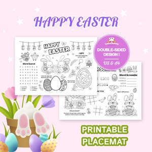 May include: A printable Easter-themed placemat with various activities, including a word search, maze, and word scramble. The design features bunnies, eggs, and the text "Happy Easter". The placemat is double-sided and available in US & A4 sizes.