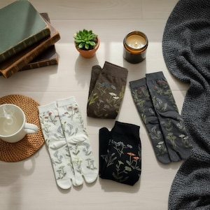Può includere: Un assortimento di calzini a fantasia floreale in vari colori, tra cui bianco, marrone, grigio e nero. I calzini sono disposti con una tazza di tè, una candela, una pianta succulenta e libri, creando una scena accogliente e lifestyle.