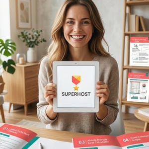 May include: A woman smiles while holding a tablet displaying the word "SUPERHOST" with a star and badge logo. Several open documents with titles like "Airbnb Profit Board" and "Airbnb Startup Cost Calculator" are on the table. The scene is set in a home office.