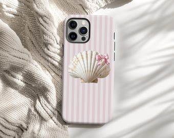 Seashell Bow Phone Case, Coastal Striped Coquette iPhone Samsung Case, Soft Girl Aesthetic, Cute Beachy Cover, Pink Shell Case