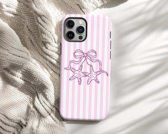 Starfish Bow Phone Case, Pink Striped iPhone Samsung Case, Cute Coastal Case, Soft Girl Aesthetic Cover