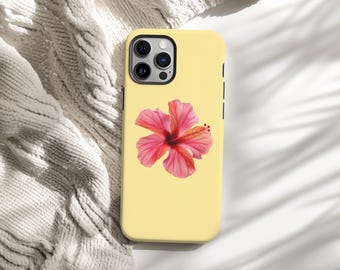 Pink Hibiscus Phone Case, Yellow Floral Summer iPhone Samsung Case, Tropical Beach Aesthetic Cover