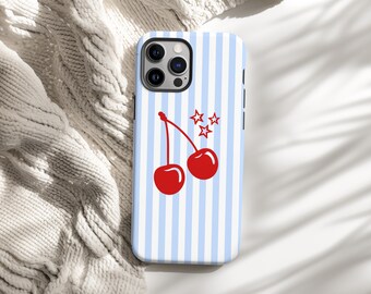 Cherry Phone Case, Retro Americana Coquette iPhone Case, Blue Stripe Coastal Samsung Cover, Fourth of July Gift for Her