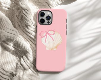 Seashell Bow Phone Case, Pink Coastal Aesthetic iPhone Samsung Case, Cute Coquette Beach Cover, Feminine Girly Phone Case