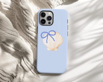 Seashell Bow Phone Case, Coastal Minimal iPhone Samsung Case, Blue Beachy Aesthetic, Soft Girl Cute Ocean Cover, Summer Gift