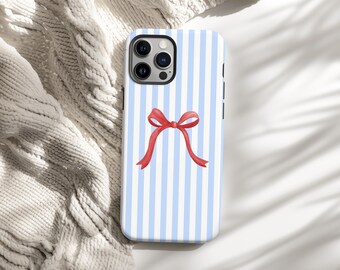 Red Bow Blue Stripe Phone Case, Coquette Patriotic iPhone Samsung Cover, 4th of July Gift For Her