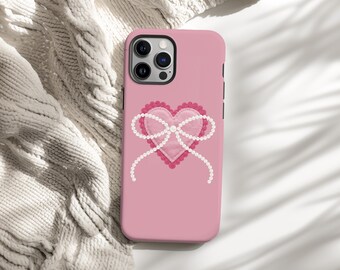 Heart Bow Phone Case, Coquette Pink Pearl iPhone Samsung Case, Cute Feminine Aesthetic, Soft Girl Romantic Cover