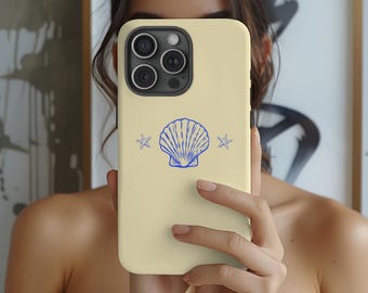 Seashell Phone Case, Blue Coastal Starfish iPhone Samsung Case, Butter Yellow Beach Summer Cover, Ocean Lover Gift For Her