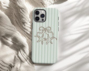 Starfish Bow Phone Case, Sage Green Striped iPhone Samsung Case, Coastal Neutral Beach Aesthetic Cover