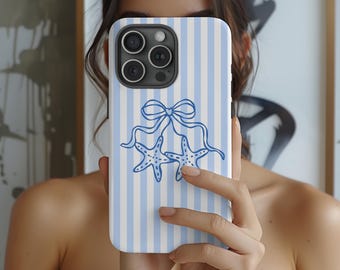 Starfish Bow Phone Case, Coastal Striped iPhone Samsung Case, Blue Coquette Beach Aesthetic Cover
