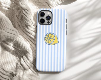 Lemon Phone Case, Citrus Summer iPhone Samsung Case, Blue Striped Cute Cover