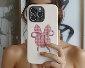 Coquette Bunny Bow Phone Case Gift, Pink Gingham Cute iPhone Case, Soft Girl Aesthetic, Girly Case, Feminine Gift for Her