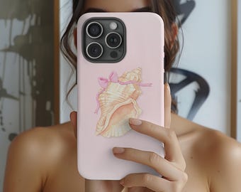 Seashell Bow Phone Case, Pink Coastal Aesthetic iPhone Samsung Case, Cute Soft Girl Beach Cover