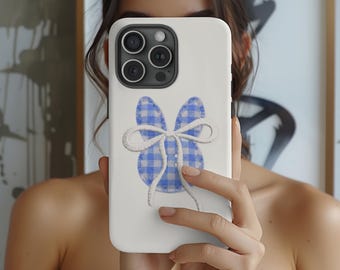 Bunny Bow Phone Case, Coquette Gingham iPhone Samsung Case, Cute Soft Girl Aesthetic, Feminine Blue Checkered Cover, Gift for Her