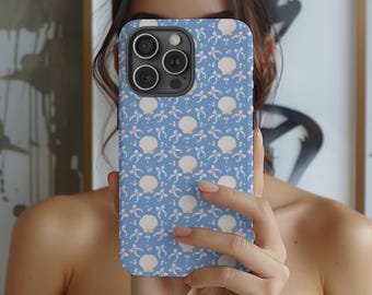 Seashell Bow Phone Case, Blue Coastal iPhone Samsung Case, Cute Beachy Soft Girl Cover, Gift for Her