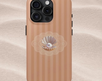 Pearl Seashell Phone Case, Neutral Coastal iPhone Samsung Case, Beige Striped Beach Aesthetic Cover