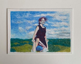 Dessin original au crayon de couleur - « Up » - petite oeuvre d'art contemporaine