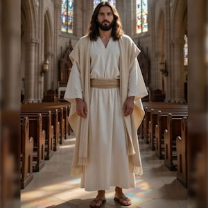 Op de afbeelding: Een persoon in een witte jurk en beige sjaal, met een bruine riem, staand in een kerk. De persoon heeft lang, donker haar en een baard. De achtergrond toont houten kerkbanken en glas-in-loodramen.