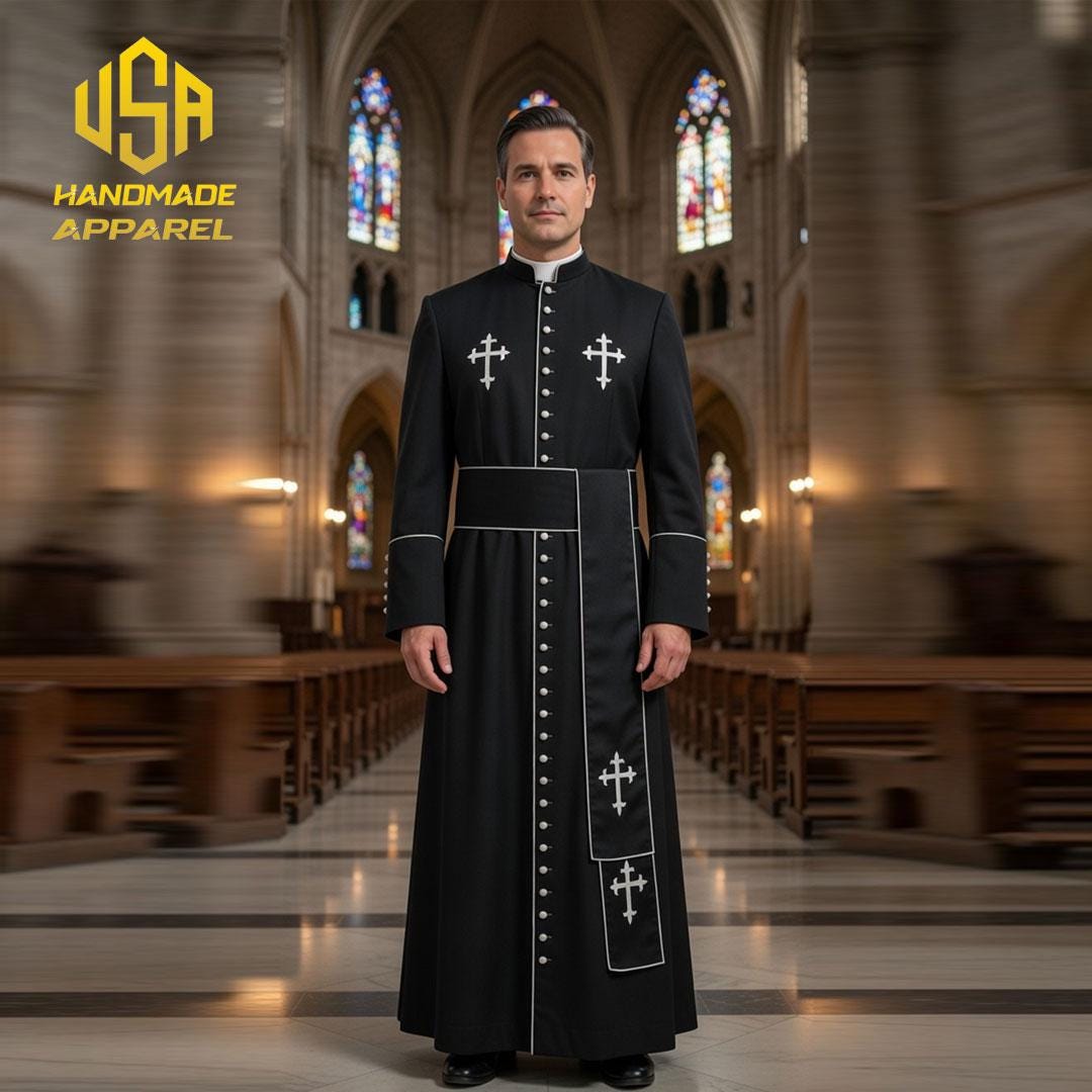 Black Cotton Clergy Cassock With Cross Embroidery – Religious Priest ...
