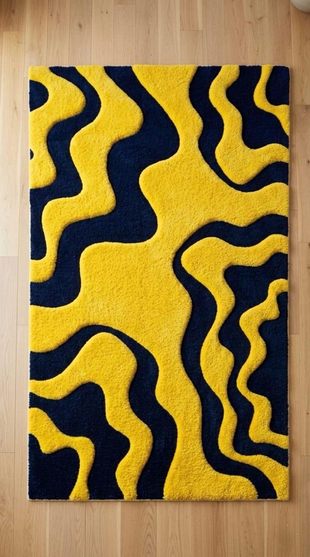 Vibrant Abstract Wavy Tufted Rug | Yellow & Navy Blue Fluid Design Area ...