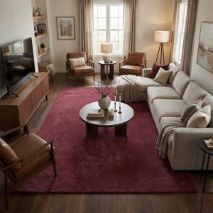 May include: A living room with a large burgundy rug, a sectional sofa, and two leather armchairs. A round coffee table with a vase and candles sits in the center. A wooden TV stand and a floor lamp are also visible.
