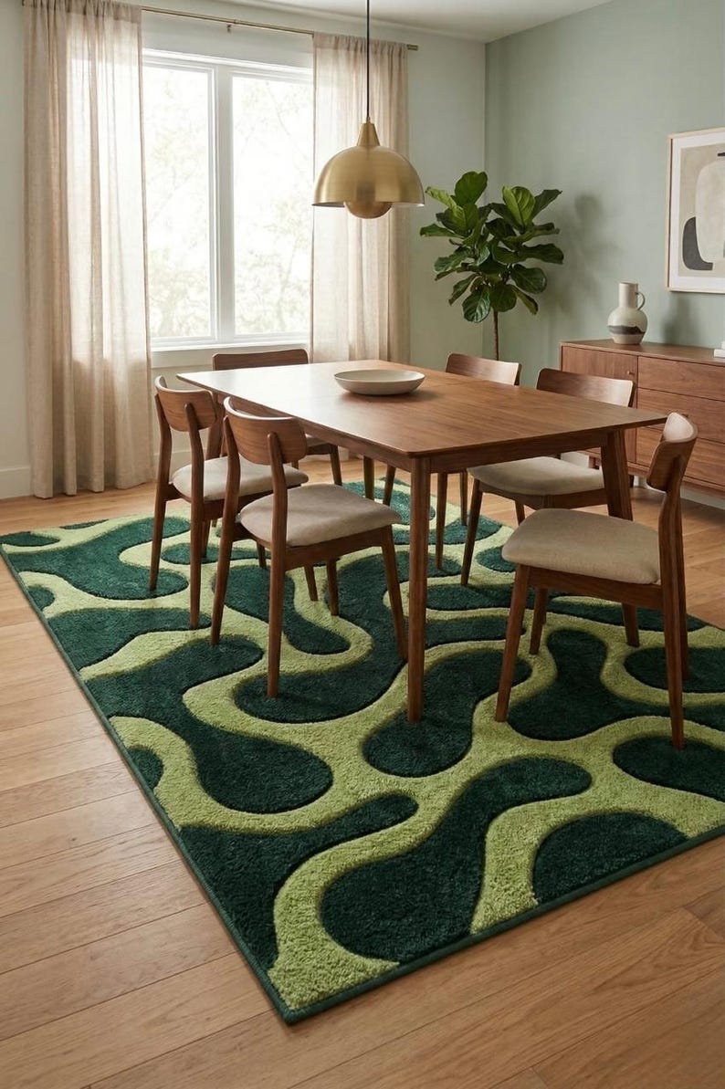 Hand Tufted | Retro Wavy Green Area Rug | Abstract 70s Psychedelic ...