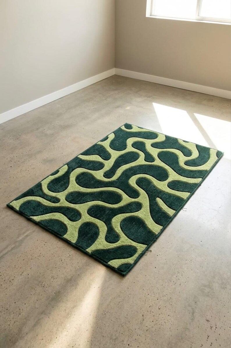 Hand Tufted | Retro Wavy Green Area Rug | Abstract 70s Psychedelic ...