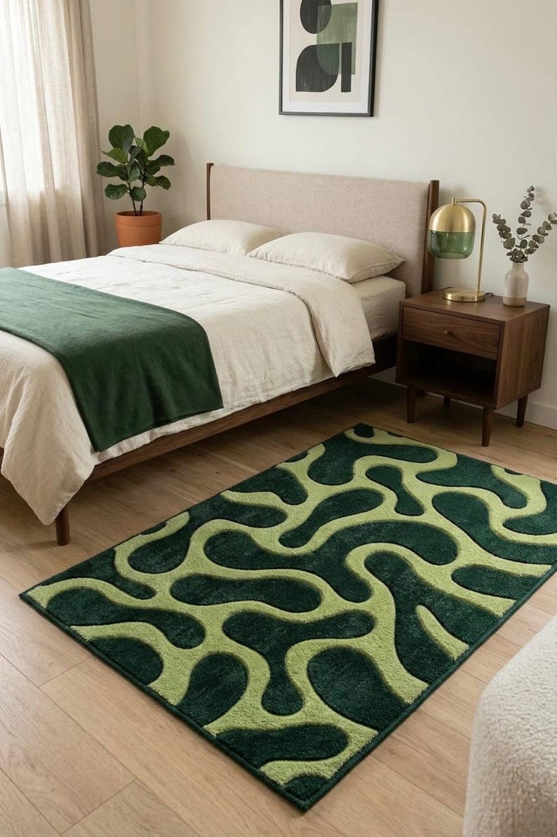 Hand Tufted | Retro Wavy Green Area Rug | Abstract 70s Psychedelic ...