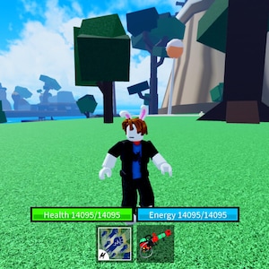May include: A video game screenshot showing a character with brown hair and bunny ears on green grass. The game interface displays health and energy bars, and buttons labelled "Stats", "Items", "Close", and "Shop".