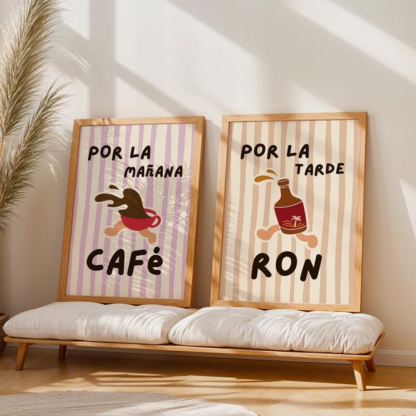 Set of 2 Spanish Prints, Por La Mañana Café and Por La Tarde Ron, Kitchen Wall Art, Music Lover Gift (Digital Download)